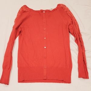 Coral Sweater with Lace Sleeves & Buttons on Back